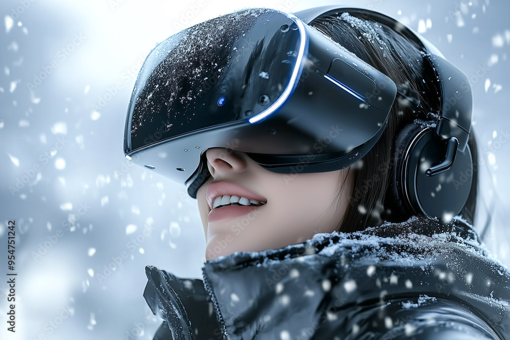 A woman immersed in a virtual reality experience smiles while wearing a VR headset and headphones in a snowy outdoor environment. Generative AI. A woman immersed in a virtual reality experience smiles while wearing a VR headset and headphones in a snowy outdoor environment. Generative AI.