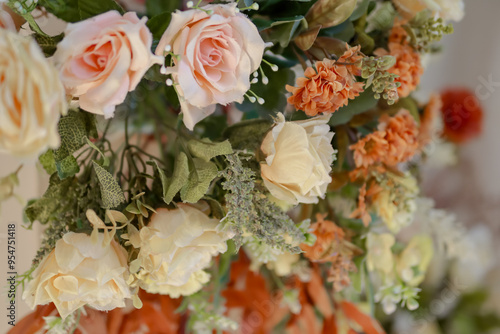 Flower arrangements for wedding decorations. Artificial flower arrangements with a rustic theme and pastel colors