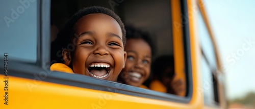 Children Smiling and Looking Out the Window of a School Bus photo