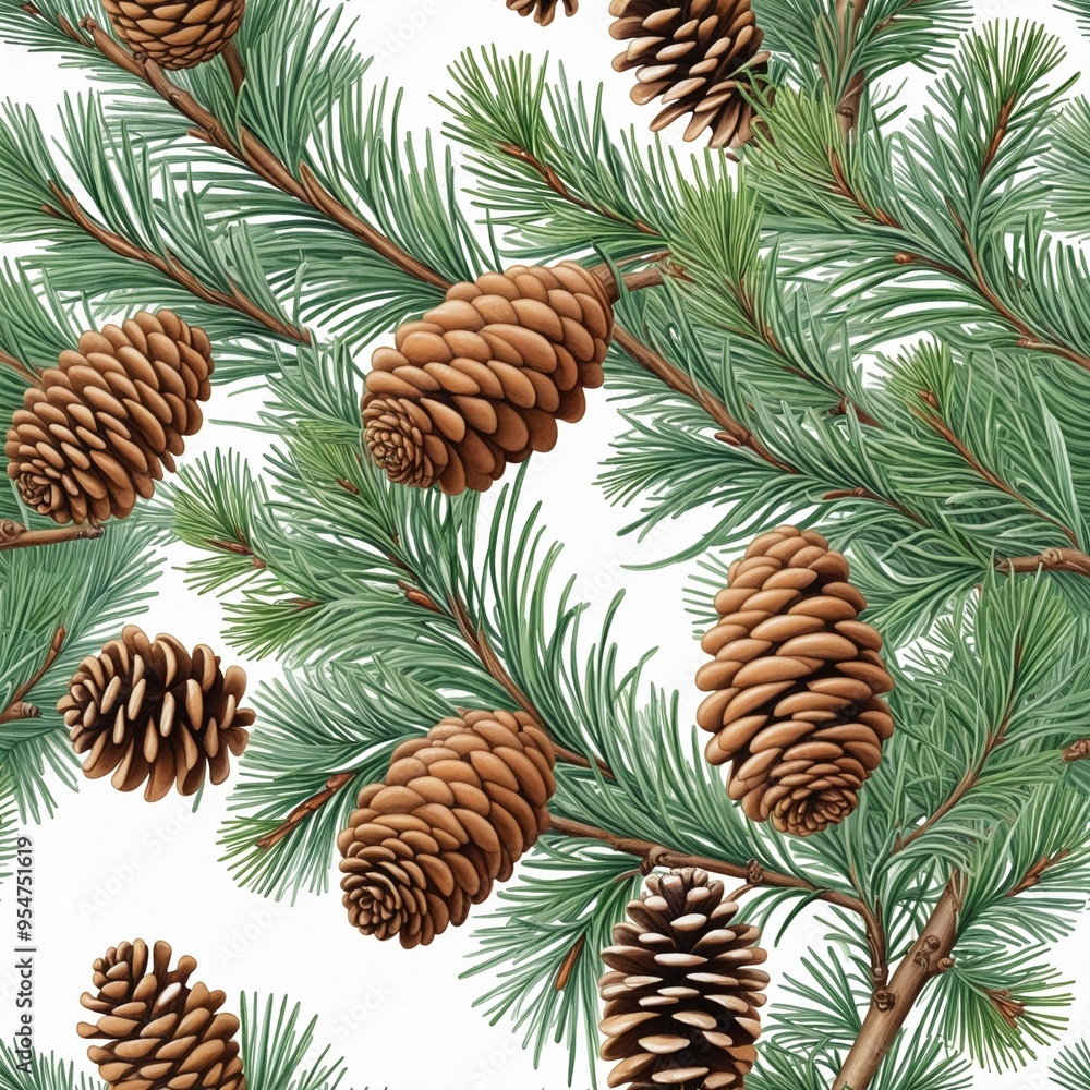 Fototapeta premium pine branch wiht the cones, watercolor illustration design