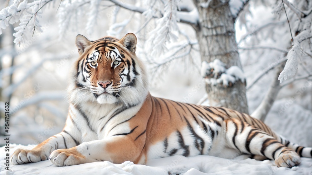 Obraz premium Regal Amur tiger on the background of nature.Banner on the theme of protection and conservation of rare animals.Wild beautiful animal and free space
