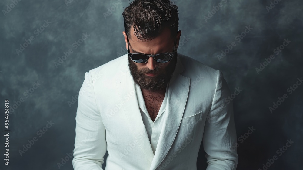 Obraz premium portrait of bearded fashion man wearing white suit and sunglasses and looking down while posing on grey background in studio 