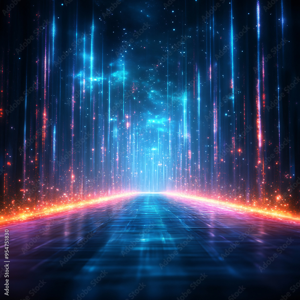A blue and orange lighted tunnel with a blue sky background A blue and orange lighted tunnel with a blue sky background