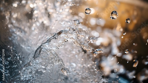 Closeup view of water gushing out from a metal faucet in a public restroom sink  The powerful stream of water creates an abstract textured pattern against the tiled or ceramic background photo