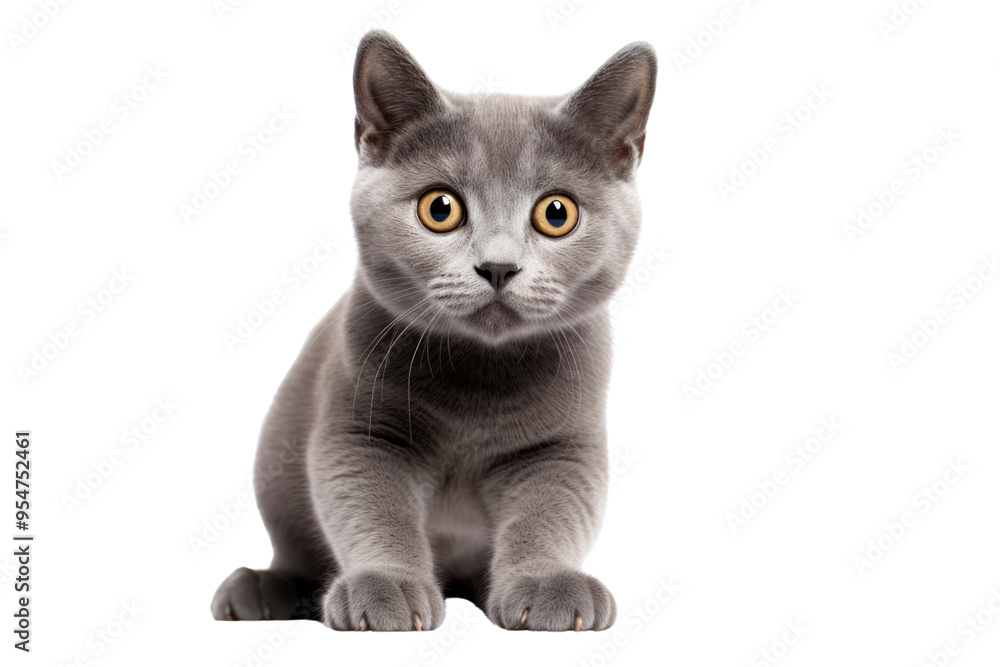 A curious gray cat with its ears perked up and tail wrapped around its paws, isolated on a crisp white background A curious gray cat with its ears perked up and tail wrapped around its paws, isolated on a crisp white background