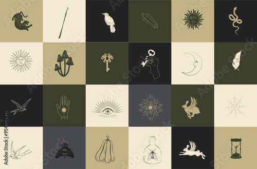 Collection of mystical icons with astrology objects, fantasy animals, mythical creature, esoteric and boho objects. Perfect for logotype or social media. Editable vector illustration