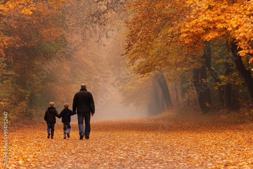 Thanksgiving Day Walk: A family or couple taking a leisurely walk through a park with vibrant autumn colors. They are dressed warmly, and the leaves are falling gently around them, symbolizing the pea