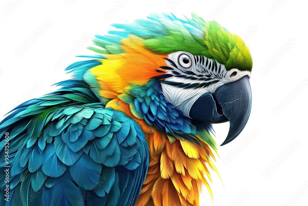 Fototapeta premium Colorful macaw with vibrant feathers against a white background.