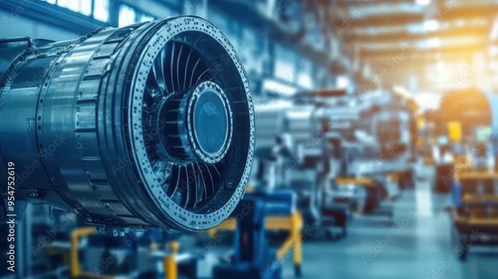 Jet Engine Parts Assembled in Modern Factory Warehouse Jet Engine Parts Assembled in Modern Factory Warehouse