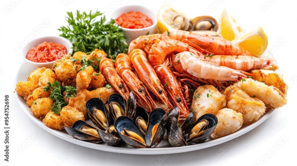 Plate of Seafood with Lemon, Sauce, and Parsley Plate of Seafood with Lemon, Sauce, and Parsley