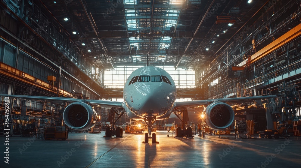 Massive Commercial Airliner Undergoing Maintenance in Hangar Massive Commercial Airliner Undergoing Maintenance in Hangar