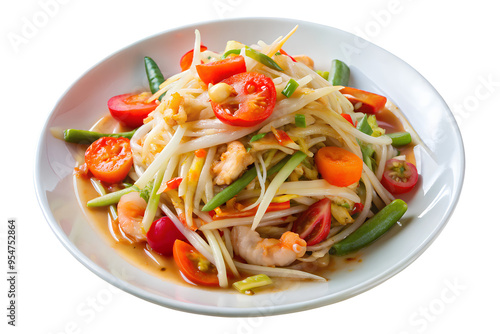 Som tum in Thai. The famous local Thai street food dish with the taste of hot and spicy, Thai papaya salad, isolated on a white background. Clipping path 