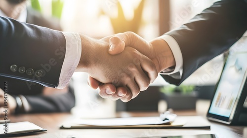 Two businessmen shake hands in a meeting, symbolizing a successful deal.