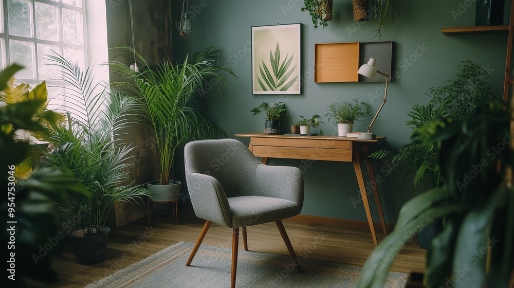 Comfortable chair in a green-themed office with plants and natural light, perfect for therapy or relaxation Comfortable chair in a green-themed office with plants and natural light, perfect for therapy or relaxation