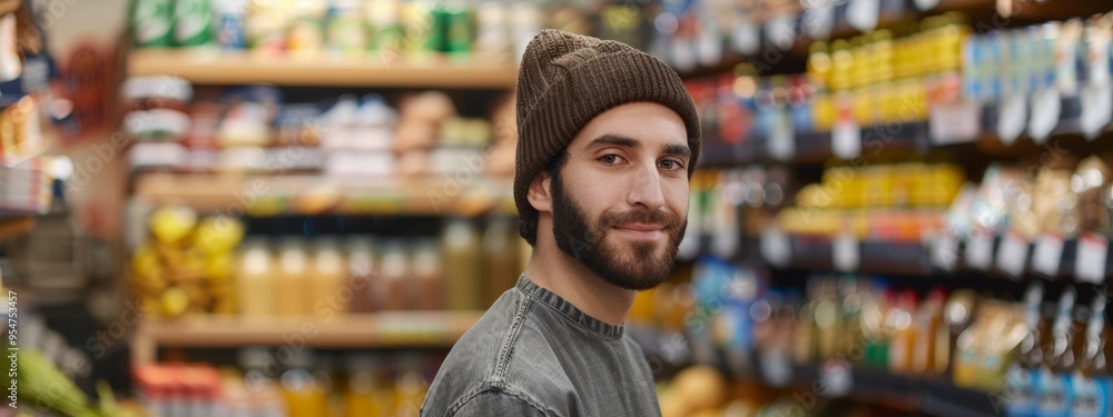 Portrait of a man in a grocery store aisle with products in the background Portrait of a man in a grocery store aisle with products in the background