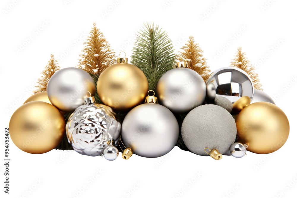 A festive arrangement of gold and silver Christmas balls, Isolated on white background A festive arrangement of gold and silver Christmas balls, Isolated on white background