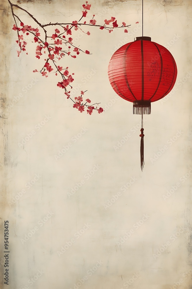 Obraz premium Tranquil Cherry Blossom Lantern, Vintage Paper Serenity with Pink Cherry Blossoms