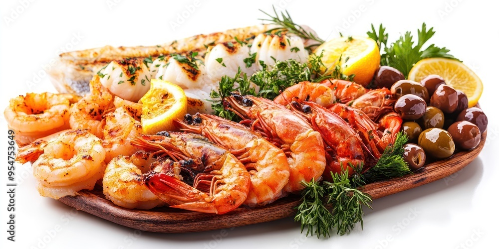 Grilled Seafood Platter with Shrimp, Scallops, and Olives Grilled Seafood Platter with Shrimp, Scallops, and Olives