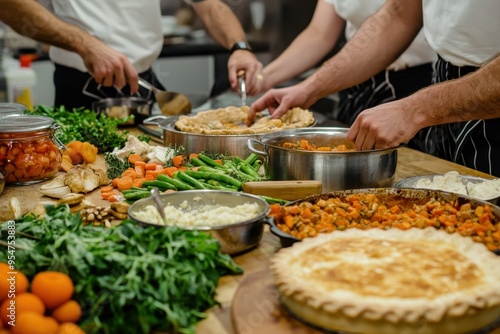 Thanksgiving Food Preparation: A busy kitchen scene where multiple hands are preparing Thanksgiving dishes. The focus is on the action--chopping vegetables, stirring pots, and assembling pies--capturi