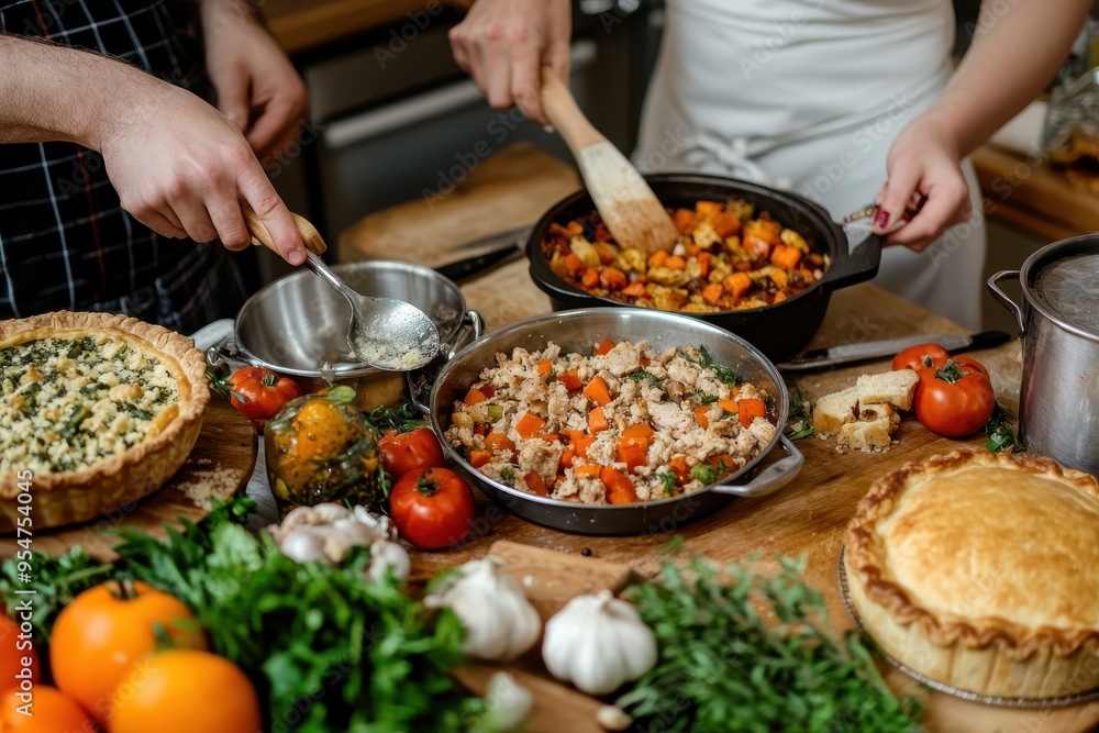 Thanksgiving Food Preparation: A busy kitchen scene where multiple hands are preparing Thanksgiving dishes. The focus is on the action--chopping vegetables, stirring pots, and assembling pies--capturi Thanksgiving Food Preparation: A busy kitchen scene where multiple hands are preparing Thanksgiving dishes. The focus is on the action--chopping vegetables, stirring pots, and assembling pies--capturi