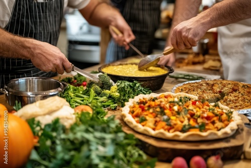 Thanksgiving Food Preparation: A busy kitchen scene where multiple hands are preparing Thanksgiving dishes. The focus is on the action--chopping vegetables, stirring pots, and assembling pies--capturi