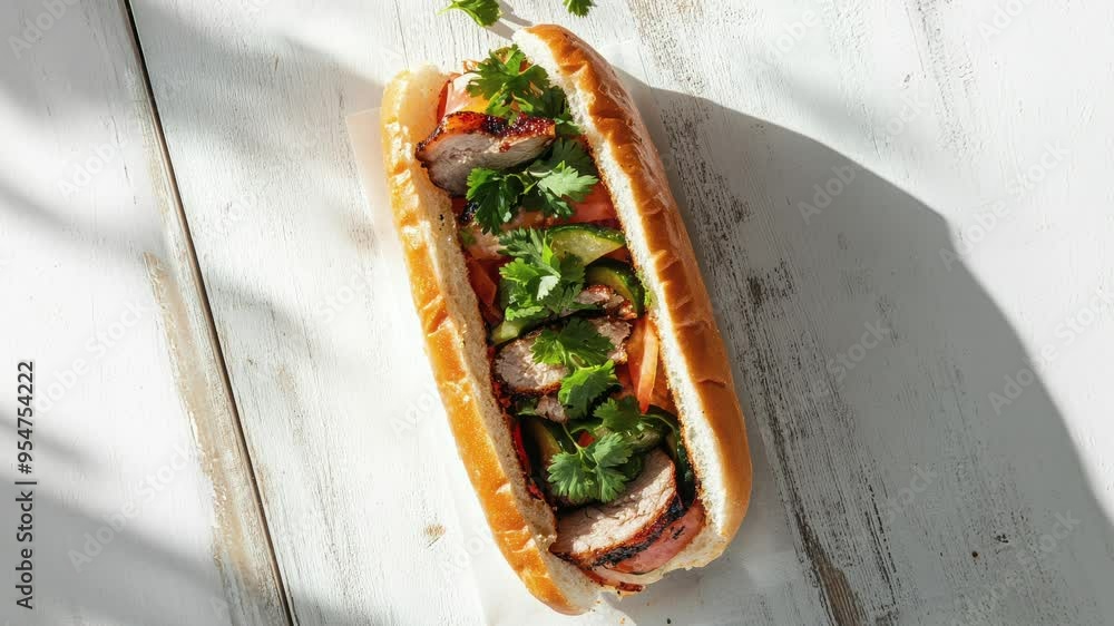 Flat Lay of Bánh Mì Sandwich with Grilled Pork and Vegetables