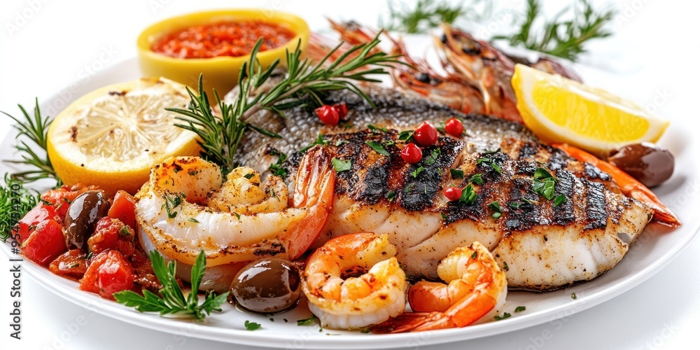 Grilled Fish and Shrimp with Lemon and Olives on a White Plate Grilled Fish and Shrimp with Lemon and Olives on a White Plate