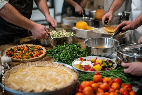 Thanksgiving Food Preparation: A busy kitchen scene where multiple hands are preparing Thanksgiving dishes. The focus is on the action--chopping vegetables, stirring pots, and assembling pies--capturi