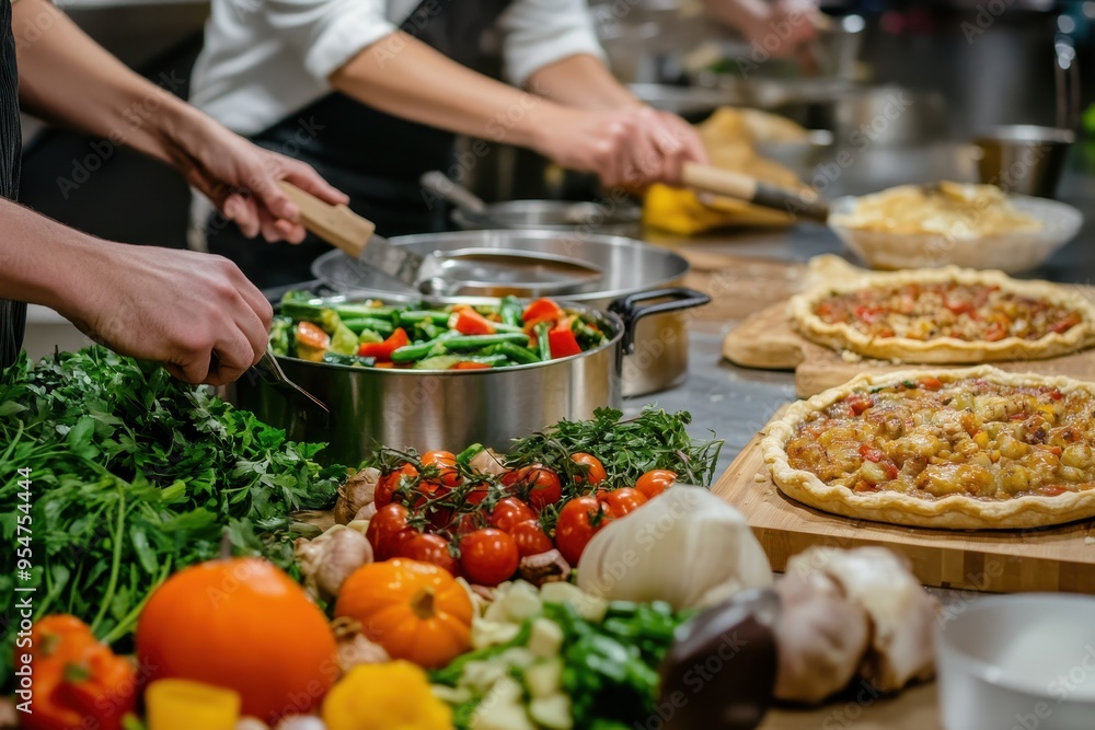 Thanksgiving Food Preparation: A busy kitchen scene where multiple hands are preparing Thanksgiving dishes. The focus is on the action--chopping vegetables, stirring pots, and assembling pies--capturi Thanksgiving Food Preparation: A busy kitchen scene where multiple hands are preparing Thanksgiving dishes. The focus is on the action--chopping vegetables, stirring pots, and assembling pies--capturi