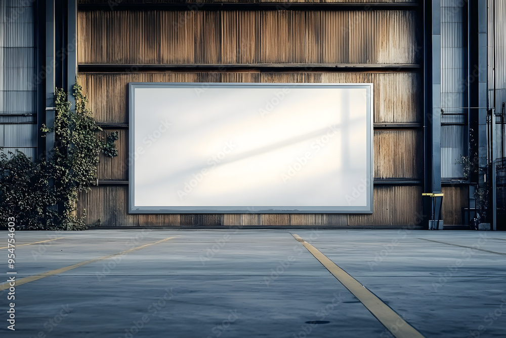 For advertising concept display, a blank billboard mockup is displayed within an interior setting with wooden walls and metal frames. For advertising concept display, a blank billboard mockup is displayed within an interior setting with wooden walls and metal frames.