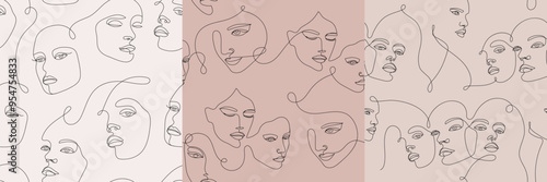 Vector set of seamless woman face one line patterns, female outline continuous drawing. Beauty print, people portrait art.