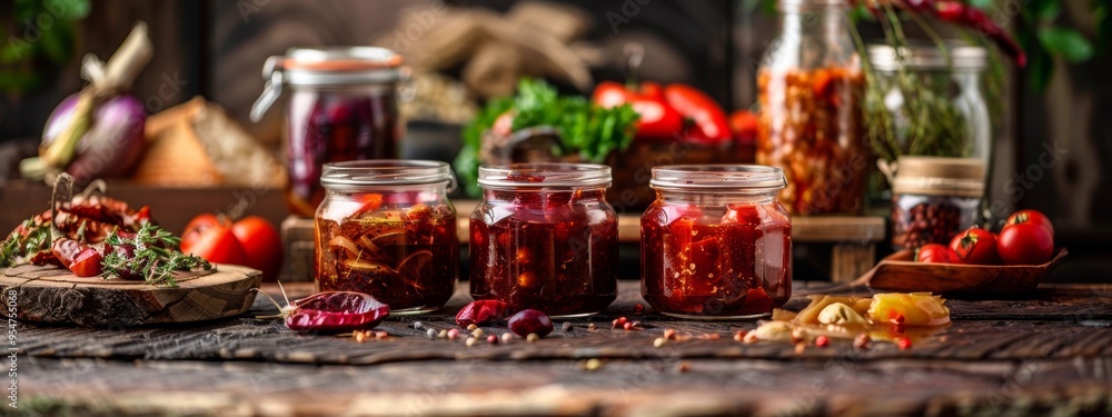 Rustic kitchen with jars of homemade pickles and fresh vegetables Rustic kitchen with jars of homemade pickles and fresh vegetables