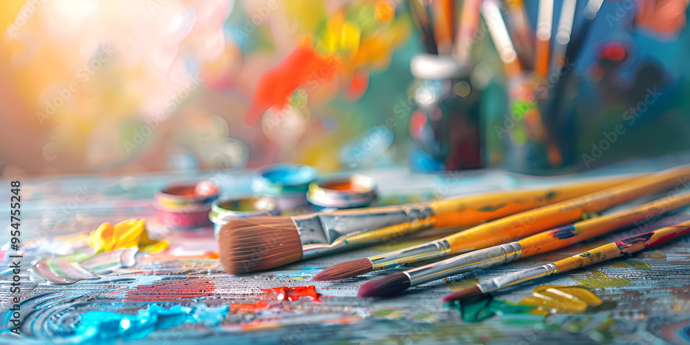 An array of used paintbrushes and open paint pots with mixed colors spread on a painter palette, Paintbrushes, used brushes, open paint pots, mixed colors, painter palette, art supplies, artist
An array of used paintbrushes and open paint pots with mixed colors spread on a painter palette, Paintbrushes, used brushes, open paint pots, mixed colors, painter palette, art supplies, artist