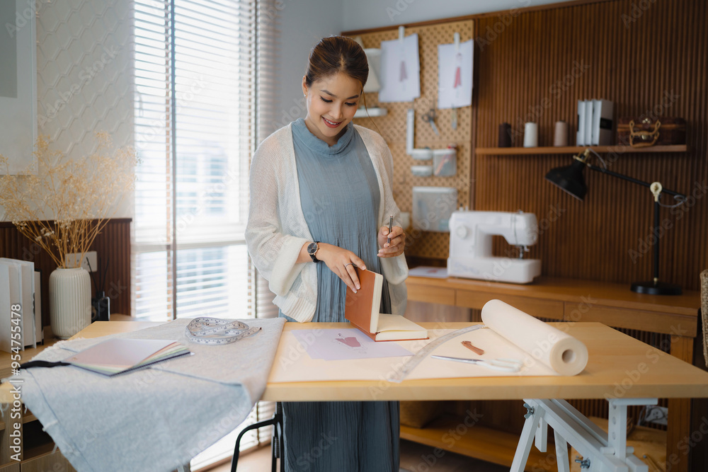 Fashion seamstress woman taking notes while using tape measure to measuring textile garment pattern.. Fashion seamstress woman taking notes while using tape measure to measuring textile garment pattern..