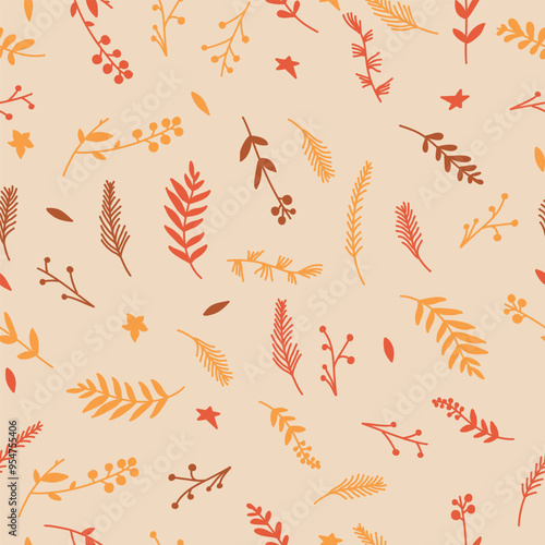 Seamless pattern in the form of a solid line of hand-drawn Christmas flowers, leaves, branches and elements.