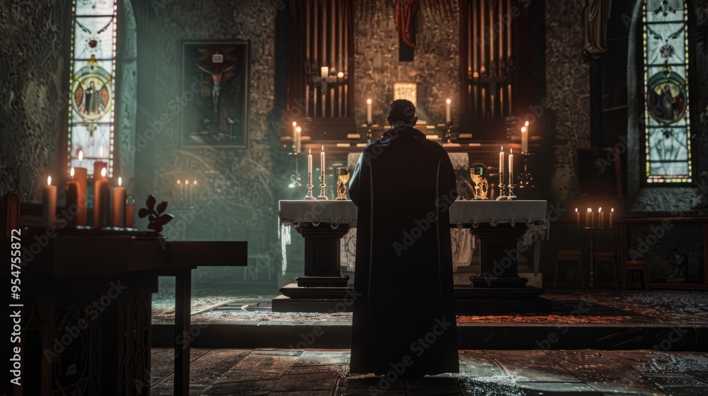A man in a black coat stands in a church with candles lit around him A man in a black coat stands in a church with candles lit around him