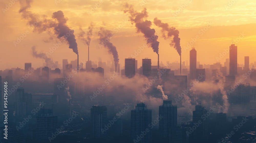Pollution Skyline at Sunset: Urban Smog and Industrial Emissions Pollution Skyline at Sunset: Urban Smog and Industrial Emissions
