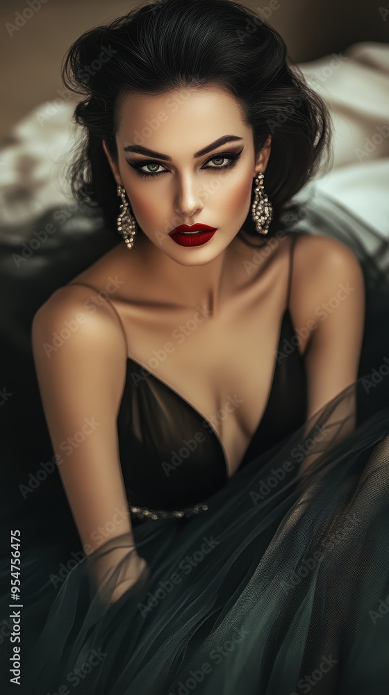 A confident woman with striking features models in an elegant attire, showcasing a captivating expression in a beautifully lit environment A confident woman with striking features models in an elegant attire, showcasing a captivating expression in a beautifully lit environment