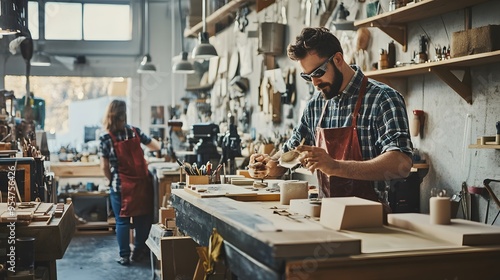 A bearded man wearing a plaid shirt and an apron works on a small wooden piece in his workshop.