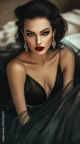 A confident woman with striking features models in an elegant attire, showcasing a captivating expression in a beautifully lit environment