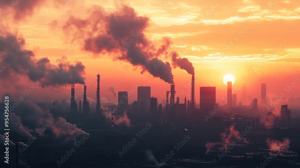 Fototapeta premium Dramatic Sunset over Industrialized Urban Landscape