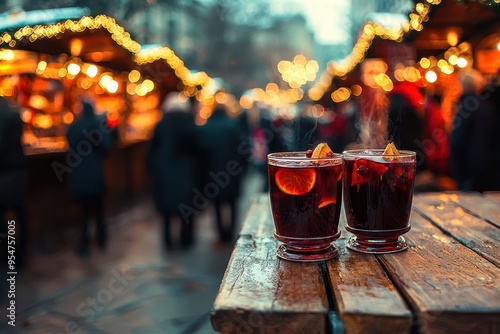 Traditional red mulled wine or glühwein in glasses on a christmas market photo