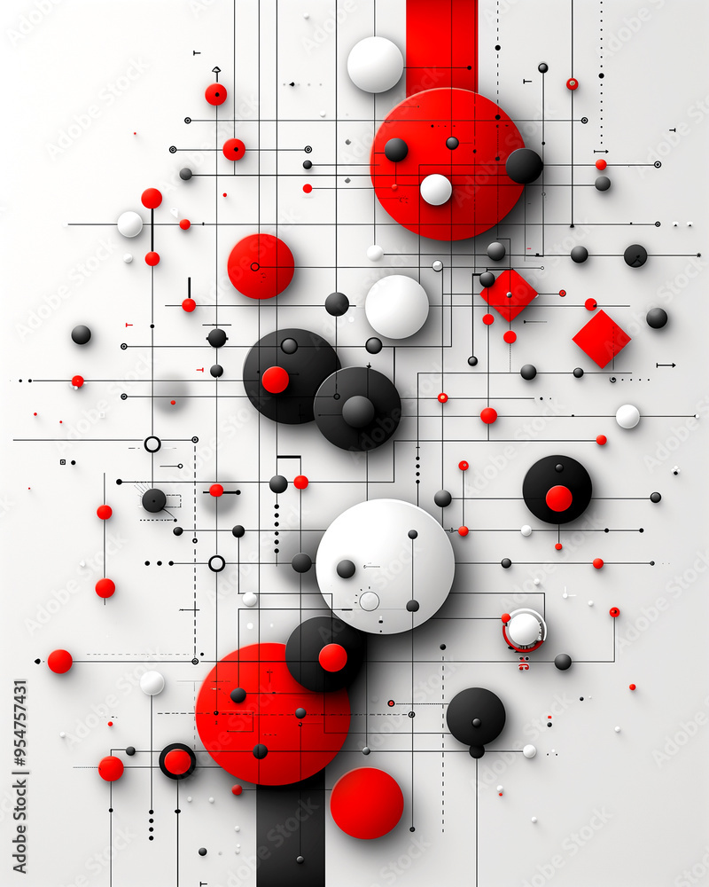 A colorful abstract design with red and white circles and squares