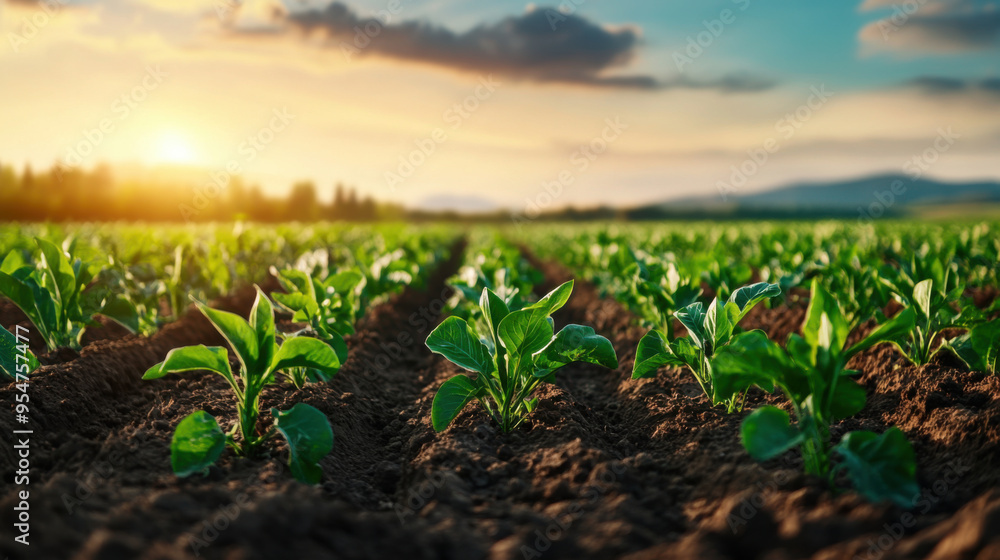 A wide field of young crops basking in the early morning sunlight, representing the start of a new farming season. A wide field of young crops basking in the early morning sunlight, representing the start of a new farming season.