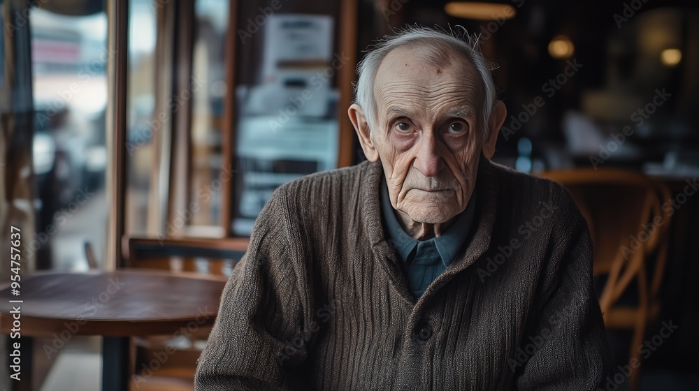 Old Man with Gray Hair Walking into Charming Coffeehouse Old Man with Gray Hair Walking into Charming Coffeehouse