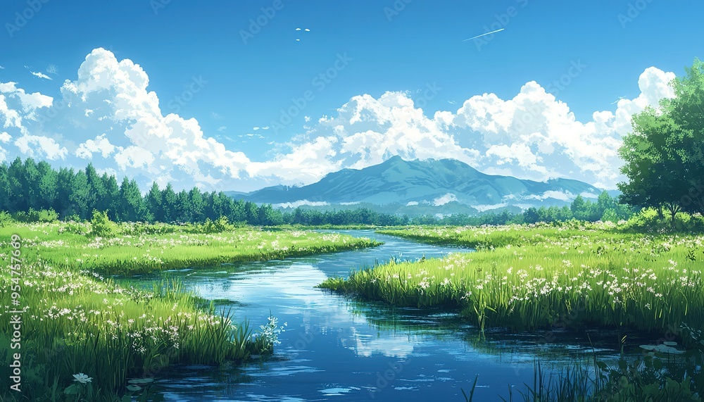 Serene River Winding Through Lush Meadow With Mountain Background Serene River Winding Through Lush Meadow With Mountain Background