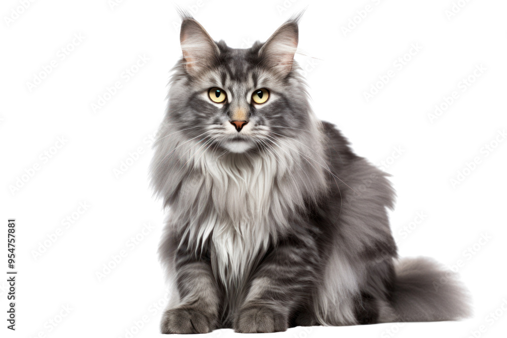 Obraz premium A fluffy gray cat with striking green eyes sitting gracefully on a white background