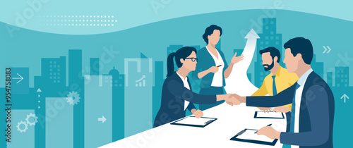Agreement. Growth. Business people shaking hands after signing contract. The table transforms into a rising arrow sign. Concept business vector illustration. 