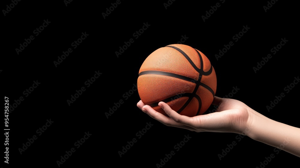 A hand firmly holds a basketball against a dark backdrop, capturing the intensity and focus of the game in a stunning, realistic style A hand firmly holds a basketball against a dark backdrop, capturing the intensity and focus of the game in a stunning, realistic style