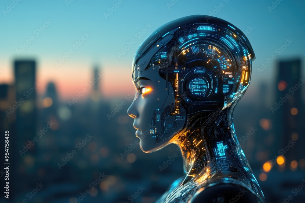 Humanoid Robot with Neon Lights in Urban Night Humanoid Robot with Neon Lights in Urban Night